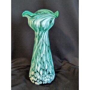 Vtg Hand Blown Aqua & White Marble Spatter Confetti Swirl Glass Ruffled Vase